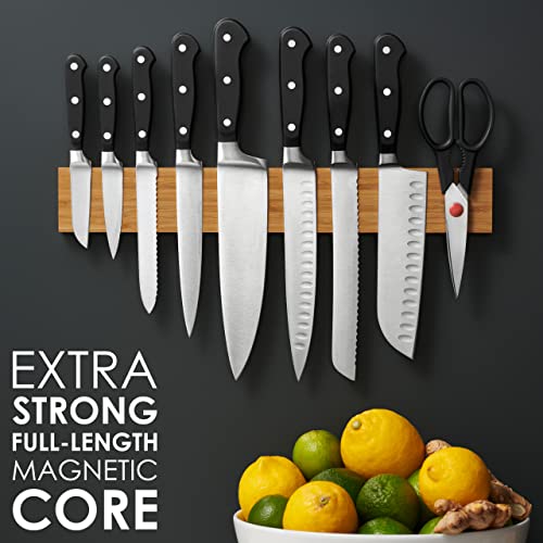  Magnetic Knife Holder For Wall With Extra Strong Magnet - 16 Inch - Knife Magnetic Strip In Bamboo For Knives, Utensils And Tools