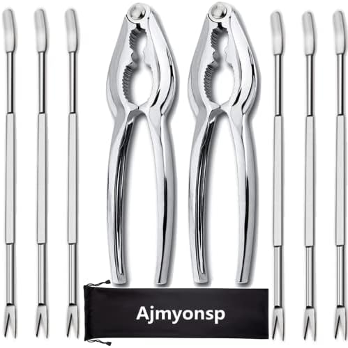  Ajmyonsp 12Pcs Crab Crackers And Tools/Lobster Nut Crackers And Picks - 6 Crab Leg Forks 4 Lobster Shellers, 2 Stainless Steel Seafood Crackers & Storage Bag