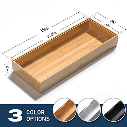  Bamboo Drawer Organizer, Stackable Utensil Organizer For Kitchen, Bamboo Storage Box Wood Silverware Tray For Drawer 15" X 6" X 2" Set Of 2