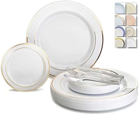  " OCCASIONS " 600 Pcs Set & 120 Guest Wedding Disposable Plastic Plate & Silverware Combo Set (Ivory & Gold Rim Plates, Gold Silverware)