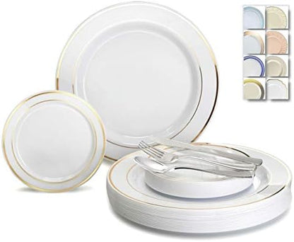  " OCCASIONS " 600 Pcs Set & 120 Guest Wedding Disposable Plastic Plate & Silverware Combo Set (Ivory & Gold Rim Plates, Gold Silverware)