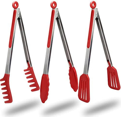  3 Pack Kitchen Tongs (9 Inches), Non Stick Stainless Steel Tongs With Silicone Tip For Cooking BBQ Baking(Red)