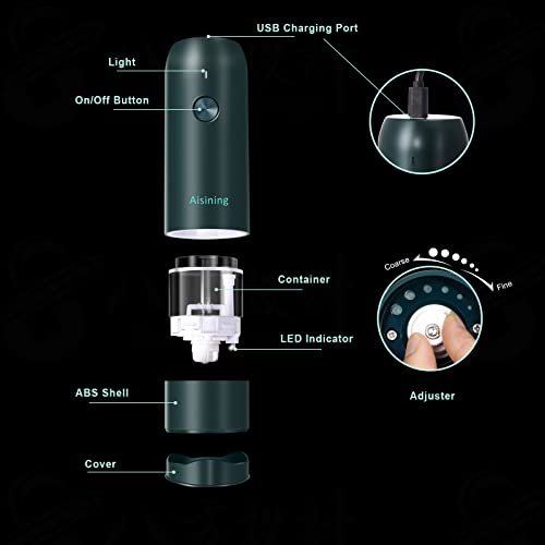  Electric Salt And Pepper Grinder, Salt And Pepper Mill Set Automatic Pepper Grinder With USB C Rechargeable, One-Handed Operation, Adjustable Coarseness, LED Light, Green