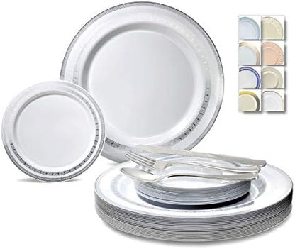  " OCCASIONS " 600 Pcs Set & 120 Guest Wedding Disposable Plastic Plate & Silverware Combo Set (White & Silver Rim Plates, Silver Silverware)