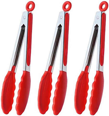  9-Inch Stainless Steel Cooking Tongs With Silicone Tips, Set Of 3 (Black)
