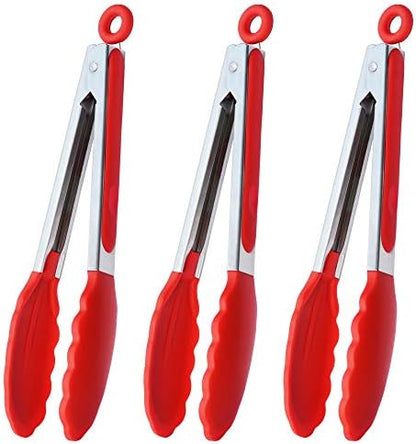  9-Inch Stainless Steel Cooking Tongs With Silicone Tips, Set Of 3 (Black)
