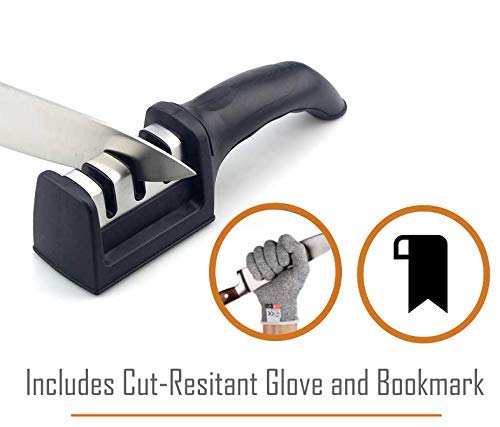  Professional Premium 3-Stage Chef Kitchen Knife Sharpener. Quick And Easy Sharpening, Straightening, And Polishing Of Chef Blades And Kitchen Knives. Includes Cut-Resistant Glove & Bookmark