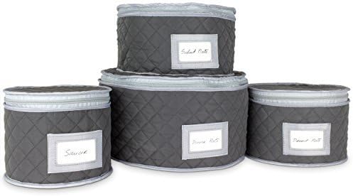  Fine China Storage - Set Of 4 Quilted Cases For Dinnerware Storage. Sizes: 12" - 10" - 8.5" And 7" Long - Gray - Quilted Fabric Container With 48 Felt Plate Separators Included