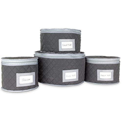  Fine China Storage - Set Of 4 Quilted Cases For Dinnerware Storage. Sizes: 12" - 10" - 8.5" And 7" Long - Gray - Quilted Fabric Container With 48 Felt Plate Separators Included