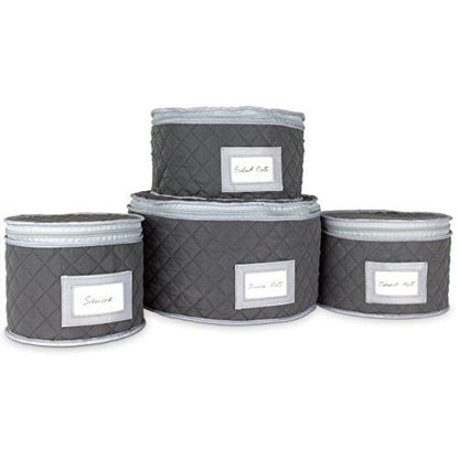  Fine China Storage - Set Of 4 Quilted Cases For Dinnerware Storage. Sizes: 12" - 10" - 8.5" And 7" Long - Gray - Quilted Fabric Container With 48 Felt Plate Separators Included