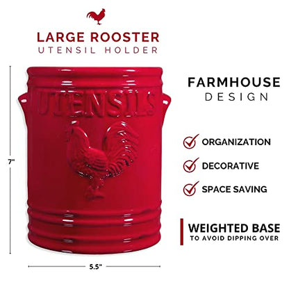  Kitchen Utensil Holder For Countertop - Large 7” Rustic Ceramic Utensil Crock - Dishwasher-Friendly Rooster Cooking Utensil Organizer Caddy For Farmhouse Kitchen Decor .red