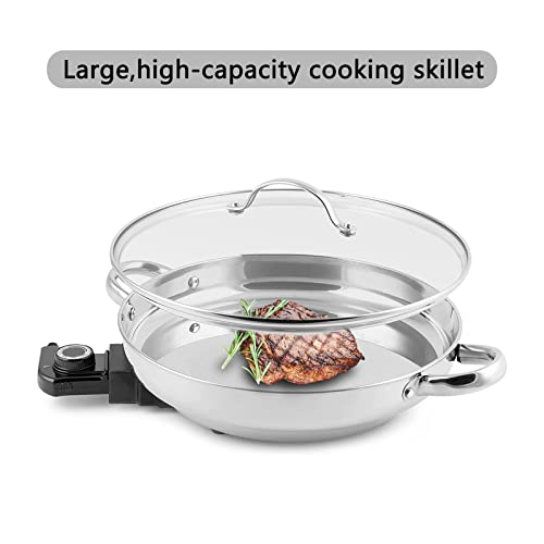  11.8" Large Capacity Electric Skillet - For Fry Bake Steam Simmer (Silver)