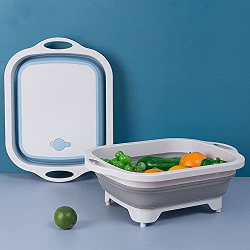  KNOKR Salad Spinners, Kitchen Utensils Multifunctional Foldable Sink Vegetable Washing Basin Drain Basket Chopping Board Three In One Foldable Basin (Color : Blue)