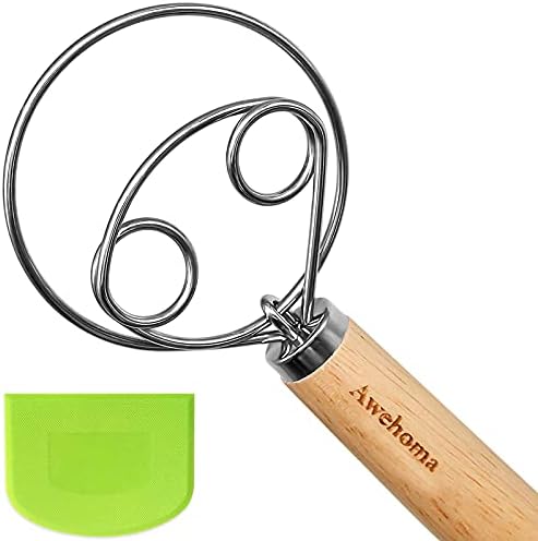  Danish Dough Whisk Large Hand Mixer - 2 Pack Large 13” Stainless Steel Wooden Danish Whisk With 2 Dough Scraper - Dutch Style Artisan Blender For Bread, Batter, Cake, Pastry - Gift For Bakers