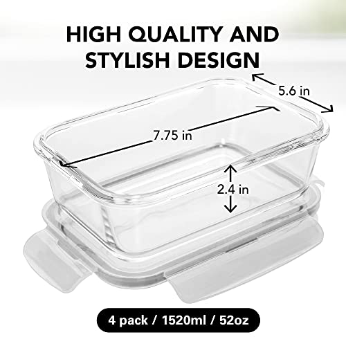  6.5 Cups/ 52 Oz 4 Piece (2 Containers +2 Lids) Glass Food Storage/ Baking Container Set W/Locking Lid - For Storing & Serving BPA Free & Leak Proof - Microwave, Dishwasher, Fridge, Freezer N Oven Safe