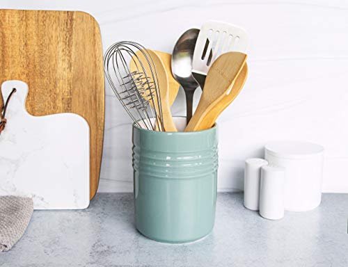  Kook Ceramic Utensil Crock For Kitchen Counter, Utensil Holder, Heavy & Stable Caddy, Countertop Organizer, For Spoons, Spatulas, 5.3”, Dishwasher Safe (Teal)