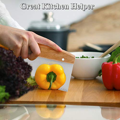  Bench Scraper Set Of 2, HaSteeL Metal Dough Scraper Cutter Pastry Chopper With Wooden Handle, Heavy Duty Stainless Steel Griddle Scraper With Measuring Marks For Cooking Baking Grilling