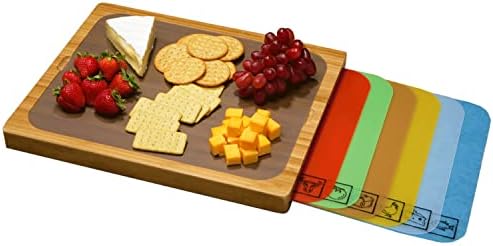  Bamboo Premium Wood Cutting Board Serving Tray W/ 7 Color-Coded BPA-Free Mats, For Chopping Bread, Cheese, Fruits, Vegetables, Meats, Charcuterie (PATENTED), Bamboo (NEW MODEL)
