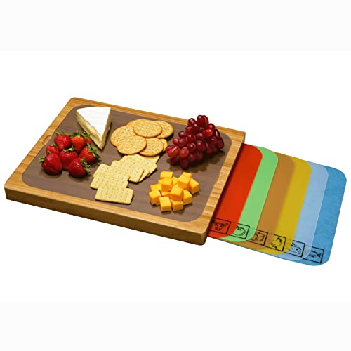  Bamboo Premium Wood Cutting Board Serving Tray W/ 7 Color-Coded BPA-Free Mats, For Chopping Bread, Cheese, Fruits, Vegetables, Meats, Charcuterie (PATENTED), Bamboo (NEW MODEL)