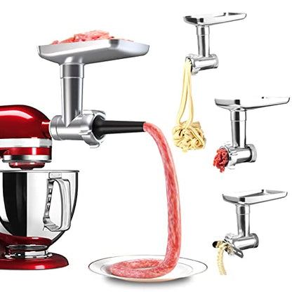  Metal Food Grinder & Pasta Maker Attachment For KitchenAid Stand Mixers, COKBEST 5 In 1 Attachment Included Grinding Meat, Making Sausage,Meatballs,Noodles,Cookies(Silver)