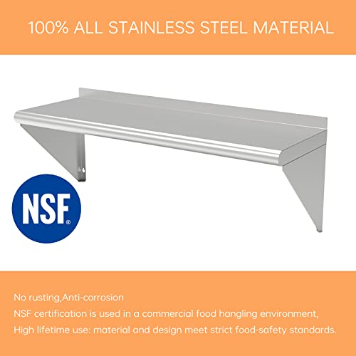  ERUPTA 12 X 48 Inches 300 Lb,Stainless Steel Wall Mount Floating Shelving,Commercial Stainless Steel NSF Shelf For Restaurant Kitchen, Home Kitchen,Hotle,Food Truk,Garage.