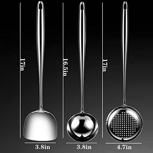  Wok Spatula And Ladle,Skimmer Slotted Spoon Set - Asian Wok Cooking Tools - 304 Stainless Steel Wide Wok Spatula - Wok Utensils Set Professional