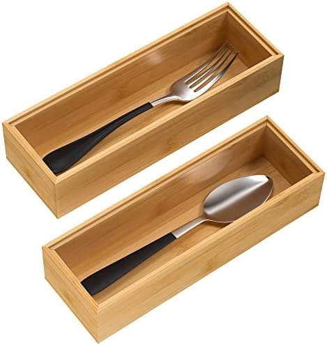  Bamboo Drawer Organizer, Stackable Utensil Organizer For Kitchen, Bamboo Storage Box Wood Silverware Tray For Drawer 15" X 6" X 2" Set Of 2