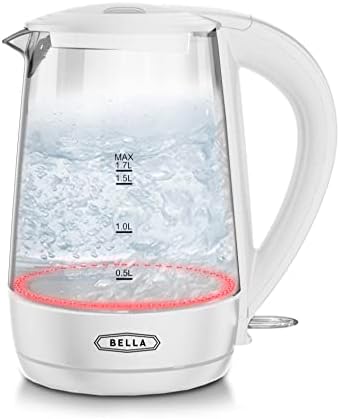 Bella 1.7 Liter Glass Electric Kettle, Quickly Boil 7 Cups Of Water In 6-7 Minutes, Soft Orange LED Lights Illuminate While Boiling, Cordless Portable Water Heater, Carefree Auto Shut-Off, White