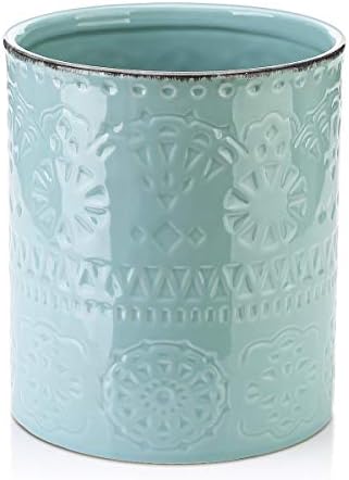  LIFVER Kitchen Utensil Holder, 7.2″ Large Cooking Utensil Holder For Kitchen Counter, Utensil Crock, Ceramic Kitchen Utensil Holder For Countertop, Farmhouse Kitchen Decor, Table - Protection Cork Mat