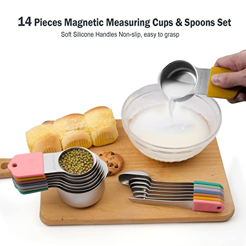  Agnetic Measuring Cups And Spoons Set, Stainless Steel Metal Stackable Nesting Measure Cups,Teaspoon, Tablespoon, 14 Pcs Silicone Handle Kitchen Cooking & Baking Tools, 7 Cups & 6 Spoons &1 Leveler