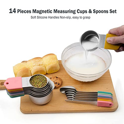  Agnetic Measuring Cups And Spoons Set, Stainless Steel Metal Stackable Nesting Measure Cups,Teaspoon, Tablespoon, 14 Pcs Silicone Handle Kitchen Cooking & Baking Tools, 7 Cups & 6 Spoons &1 Leveler