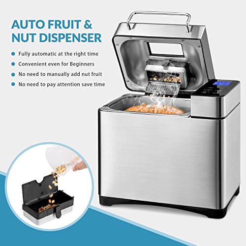  KEEPEEZ Bread Maker Machine, 2LB Premium Stainless Steel Bread Maker, 17-in-1 With Gluten Free, Jam, Yogurt, Dough, Auto Nut Dispenser, Ceramic Pan, 1Hour Keep Warm, 3 Crust Shades, 2 Paddles, Recipes
