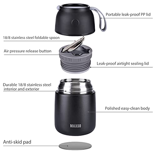  Soup Thermos For Hot Food, 17 Oz Stainless Steel Vacuum Insulated Lunch Container Bento Box With Spoon For Adults, Leakproof Thermal Food Jar For Office Picnic Travel - Black