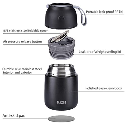  Soup Thermos For Hot Food, 17 Oz Stainless Steel Vacuum Insulated Lunch Container Bento Box With Spoon For Adults, Leakproof Thermal Food Jar For Office Picnic Travel - Black