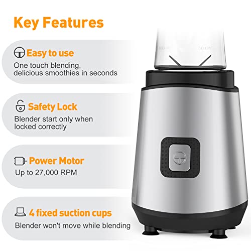  Kakaroof Smoothie Blender Personal Size For Shakes And Smoothies, 300 Watt Single Serve Small Blender With Two 20oz BPA-Free Travel Sport Bottles Silver