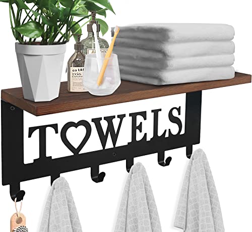  Rustic Towel Rack Towel Holder With Wooden Shelf For Bathroom,Minimalist Design Storage Organizer For Folded Large Towels, Towels, Robes, Clothes- Black