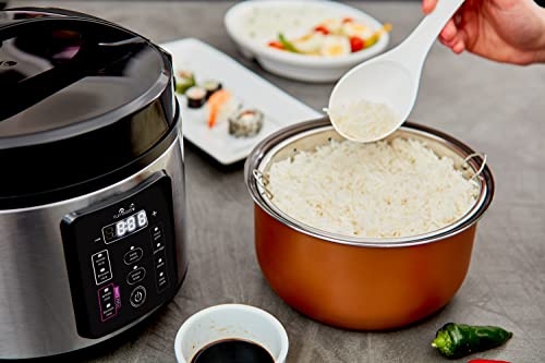 Asia Kumo YumCarb Rice Cooker With Ceramic Bowl And Advanced Fuzzy Logic, (5.5 Cups, 1 Litre), 5 Rice Cooking Functions, 3 Multicooker Functions, 110V US Power (Light Stainless Steel)