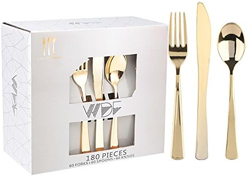  180 Pieces Disposable Plastic Gold Silverware Cutlery - Plastic Flatware Set 60 Forks, 60 Knives And 60 Spoons - Heavy Duty Gold Plastic Cutlery - Gold Utensils For Party, Wedding,Birthday