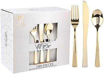  180 Pieces Disposable Plastic Gold Silverware Cutlery - Plastic Flatware Set 60 Forks, 60 Knives And 60 Spoons - Heavy Duty Gold Plastic Cutlery - Gold Utensils For Party, Wedding,Birthday
