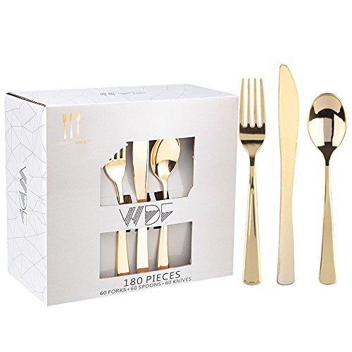  180 Pieces Disposable Plastic Gold Silverware Cutlery - Plastic Flatware Set 60 Forks, 60 Knives And 60 Spoons - Heavy Duty Gold Plastic Cutlery - Gold Utensils For Party, Wedding,Birthday