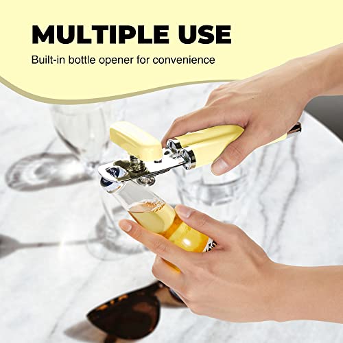  Can Opener Manual, Heavy Duty Handheld Can Opener With Stainless Steel Sharp Blade, Hand Can Opener With Ergonomic Hand Grip And Larger Turning Knob, Built In Bottle Opener(Yellow)