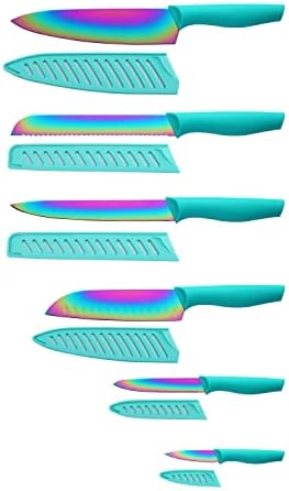  DISHWASHER SAFE Kitchen Knife Set, Marco Almond® KYA37 12-Piece Rainbow Titanium Stainless Steel Boxed Knives Set For Kitchen With Sheath, 6 Knives With 6 Blade Guards, Teal