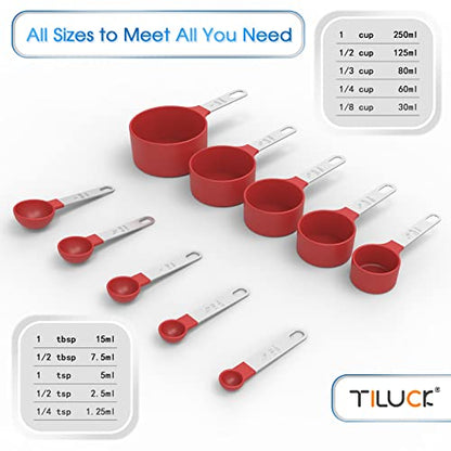  Measuring Cups & Spoons Set, Stackable Cups And Spoons, Nesting Measure Cups With Stainless Steel Handle, Kitchen Gadgets For Cooking & Baking (5+5, Red)