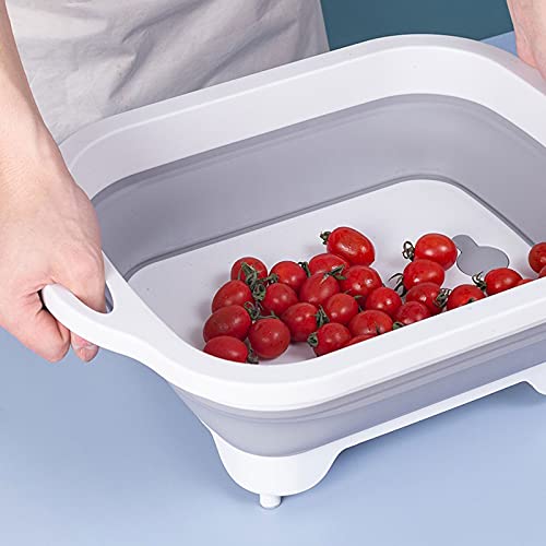  KNOKR Salad Spinners, Kitchen Utensils Multifunctional Foldable Sink Vegetable Washing Basin Drain Basket Chopping Board Three In One Foldable Basin (Color : Blue)