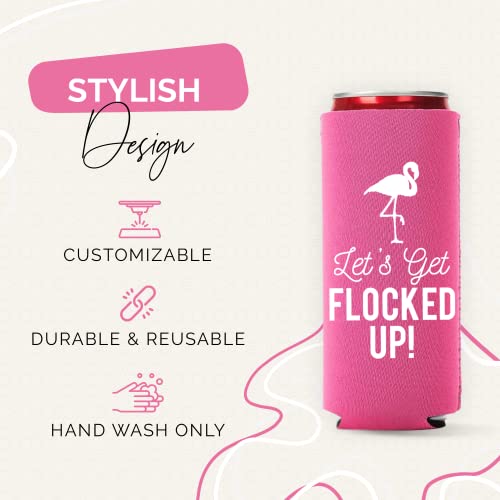  Let's Get Flocked UP!, Set Of 12 Slim Pink And White Can Coolers Cups, Flamingo Can Coolers Perfect Flamingo Party Supplies, Bachelorette Party, And Bridal Showers