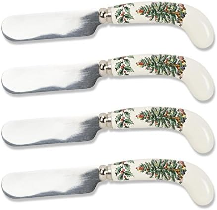 Spode Christmas Tree Collection 3-Piece Cutlery Set, Stainless Steel, Porcelain Handle, Hostess Flatware Serving Set, Holiday Silverware, Meat Fork, Serving Spoon, And Slotted Spoon