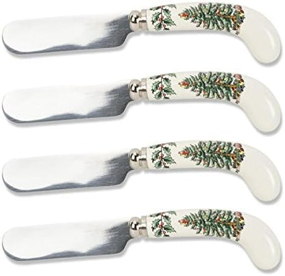 Spode Christmas Tree Collection 3-Piece Cutlery Set, Stainless Steel, Porcelain Handle, Hostess Flatware Serving Set, Holiday Silverware, Meat Fork, Serving Spoon, And Slotted Spoon