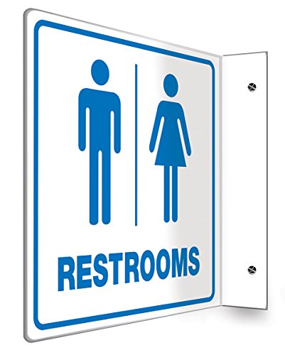  "Restrooms", 90D Projection Sign, 8" X 8" Panel, 0.10" Thick High-Impact Plastic, Pre-Drilled Mounting Holes, Blue On White