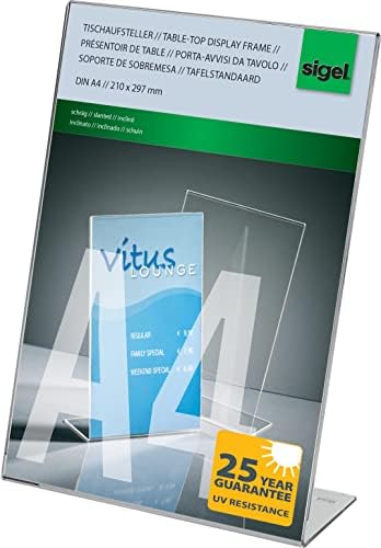 Sigel IGEL TA230 Sign Holder, Slanted, For A4, With Business Card Compartment, Acrylic, Transparent, 5 Pcs.