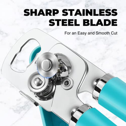  Can Opener Manual, Heavy Duty Handheld Can Opener With Stainless Steel Sharp Blade, Hand Can Opener With Ergonomic Hand Grip And Larger Turning Knob, Built In Bottle Opener(Blue)